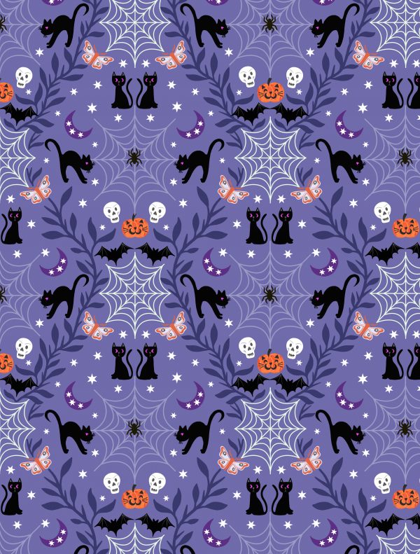 Lewis & Irene Fabrics Castle Spooky Cats & Cobwebs on Purple