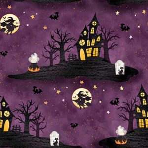 3 Wishes Fabrics Boo Y'All Haunted House on Purple