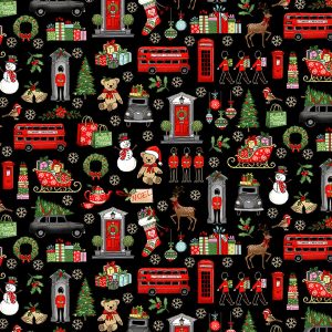 Makower Fabrics A London Christmas Icons on Black