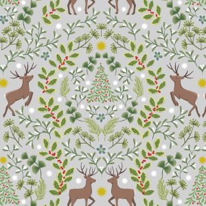 Lewis & Irene Fabrics Noel Winter Foilage and Deer on Grey