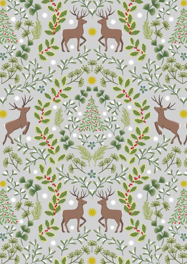 Lewis & Irene Fabrics Noel Winter Foilage and Deer on Grey