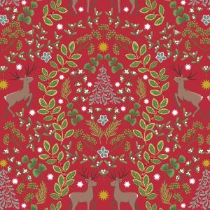 Lewis & Irene Fabrics Noel deer and winter foilage on red