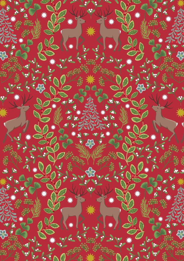 Lewis & Irene Fabrics Noel deer and winter foilage on red