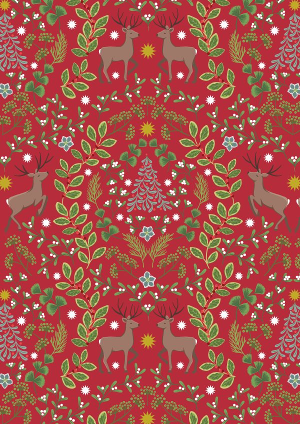 Lewis & Irene Fabrics Noel deer and winter foilage on red