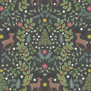 Lewis & Irene Fabrics Noel deer and foilage on dark grey with gold metallic