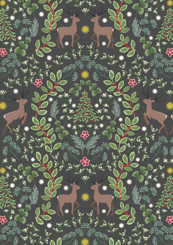 Lewis & Irene Fabrics Noel deer and foilage on dark grey with gold metallic