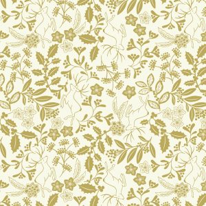 Lewis & Irene Fabrics Noel gold metallic reindeer and foilage on cream