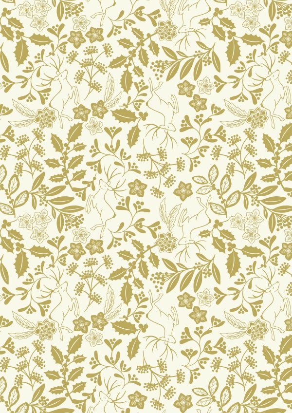 Lewis & Irene Fabrics Noel gold metallic reindeer and foilage on cream