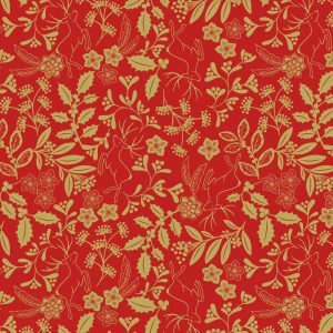 Lewis & Irene Fabrics Noel gold metallic reindeer and foilage on red