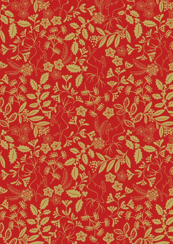 Lewis & Irene Fabrics Noel gold metallic reindeer and foilage on red