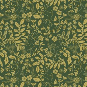 Lewis & Irene Fabrics Noel gold metallic reindeer and foilage on green