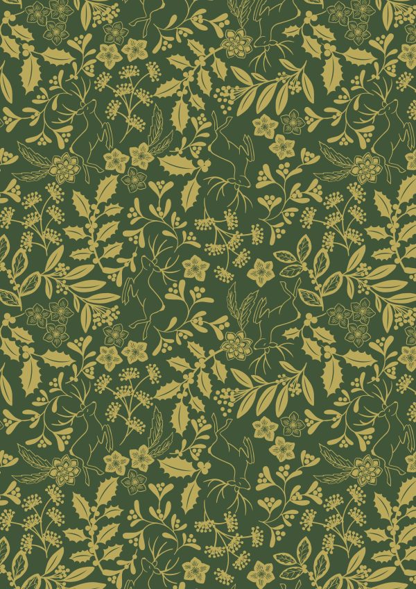 Lewis & Irene Fabrics Noel gold metallic reindeer and foilage on green