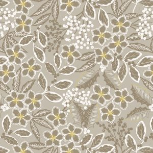 Lewis & Irene Fabrics Noel natural floral design with gold metallic highlights