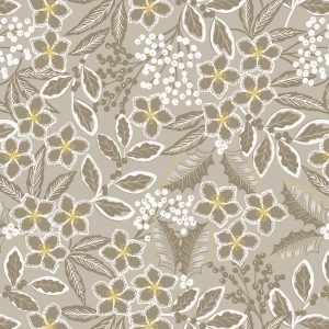 Lewis & Irene Fabrics Noel natural floral design with gold metallic highlights