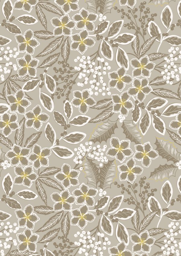 Lewis & Irene Fabrics Noel natural floral design with gold metallic highlights