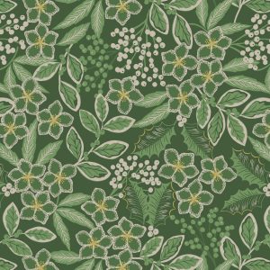 Lewis & Irene Fabrics Noel green floral design with gold metallic highlights