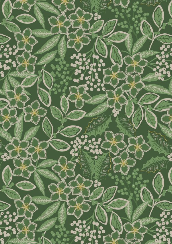 Lewis & Irene Fabrics Noel green floral design with gold metallic highlights