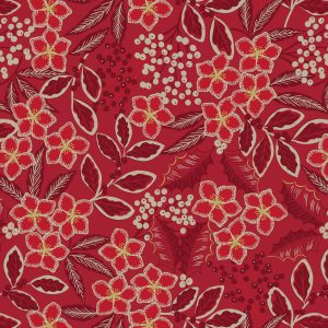 Lewis & Irene Fabrics Noel red floral design with gold metallic highlights