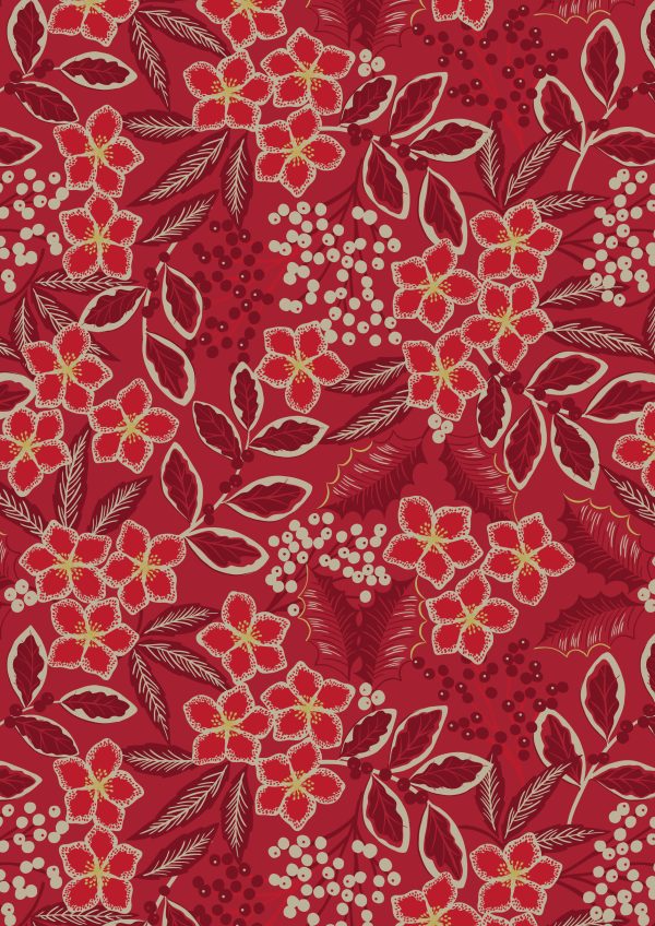 Lewis & Irene Fabrics Noel red floral design with gold metallic highlights