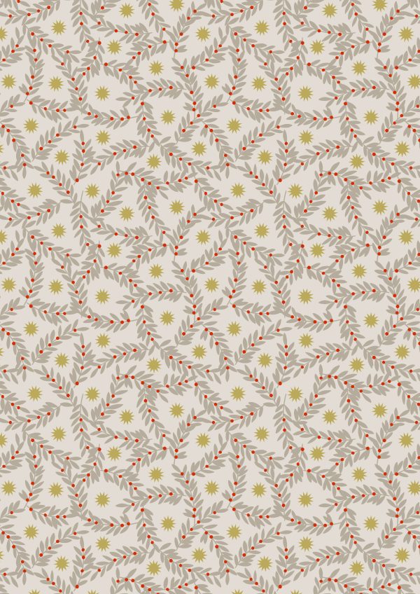 Lewis & Irene Fabrics Noel berry design on natural with gold metallic stars