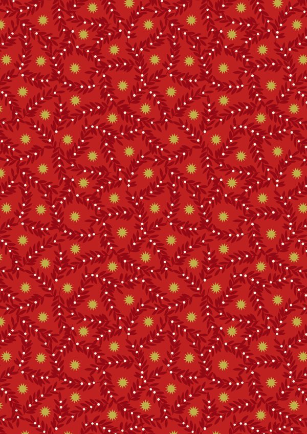 Lewis & Irene Fabrics Noel berry design on rich red with gold metallic stars