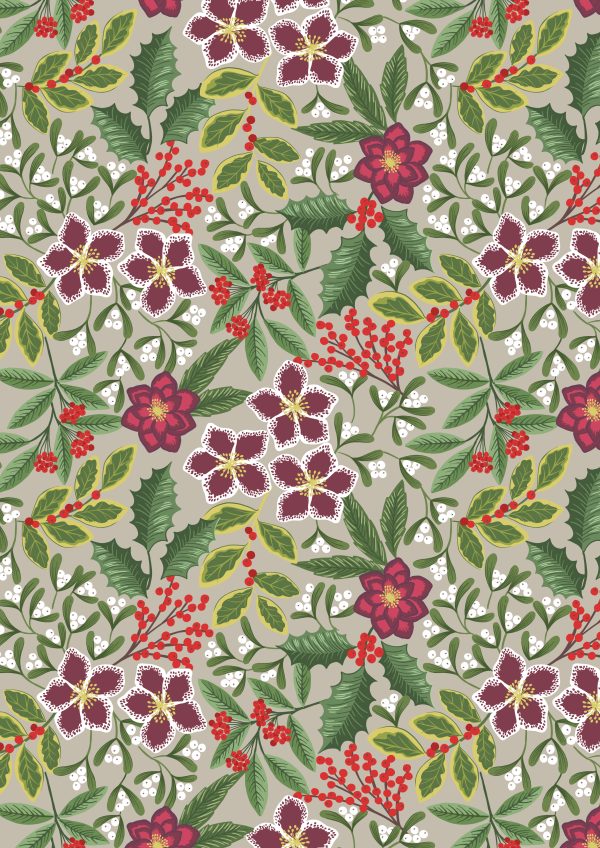 Lewis & Irene Fabrics Noel festive floral design on linen background with gold metallic