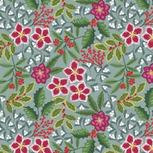 Lewis & Irene Fabrics Noel festive floral design on slate blue background with gold metallic