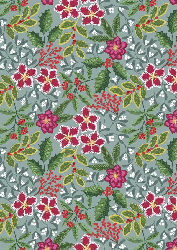 Lewis & Irene Fabrics Noel festive floral design on slate blue background with gold metallic