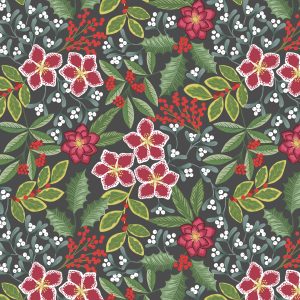 Lewis & Irene Fabrics Noel festive floral design on a dark grey background with gold metallic