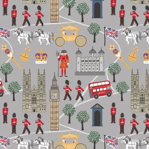 Lewis & Irene Fabrics Coronation Day Scenic on Silver Grey