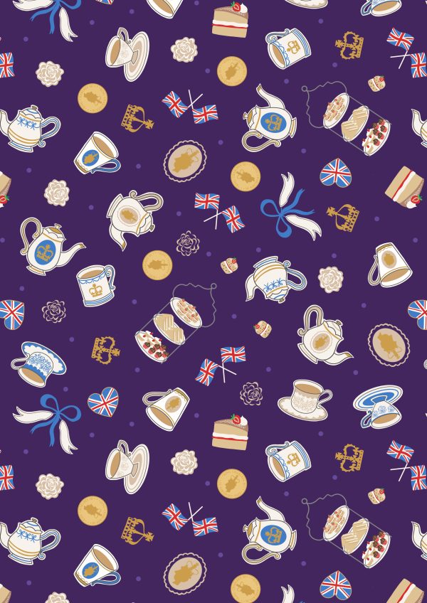 Lewis & Irene Fabrics Coronation Day Tea Party on Purple