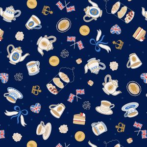 Lewis & Irene Fabrics Coronation Day Tea Party on Royal Blue