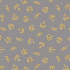 Lewis & Irene Fabrics Coronation Day Gold Metallic Crowns on Grey