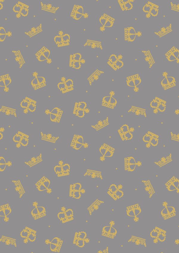 Lewis & Irene Fabrics Coronation Day Gold Metallic Crowns on Grey