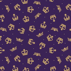 Lewis & Irene Fabrics Coronation Day Gold Metallic Crowns on Purple