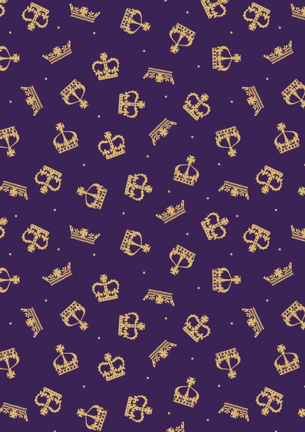 Lewis & Irene Fabrics Coronation Day Gold Metallic Crowns on Purple