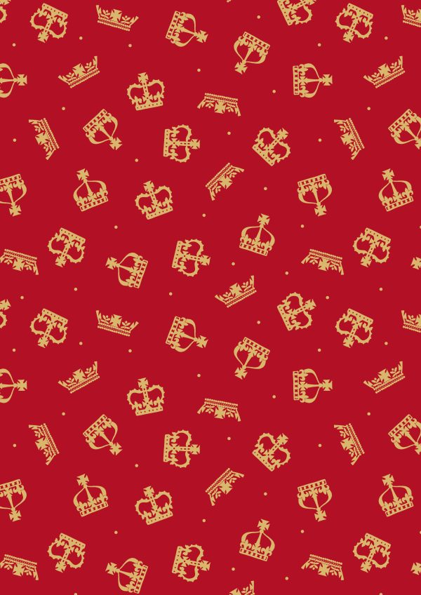 Lewis & Irene Fabrics Coronation Day Gold Metallic Crowns on Red