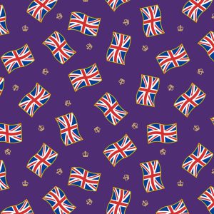 Lewis & Irene Fabrics Coronation Day Flags with Gold Metallic Crowns and highlights on Purple