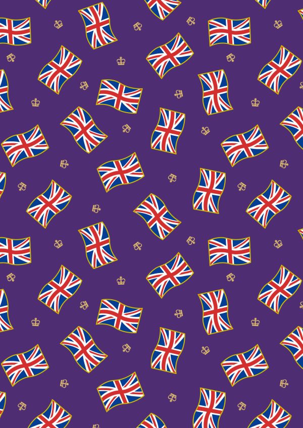 Lewis & Irene Fabrics Coronation Day Flags with Gold Metallic Crowns and highlights on Purple