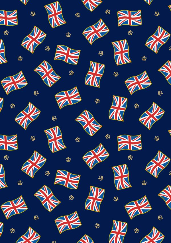 Lewis & Irene Fabrics Coronation Day Union Jack Flags with Gold Metallic on Royal Blue