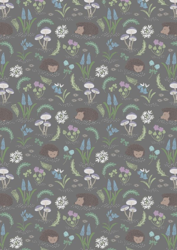 Lewis & Irene Fabrics Bluebell Wood Reloved Hedgehogs on Grey
