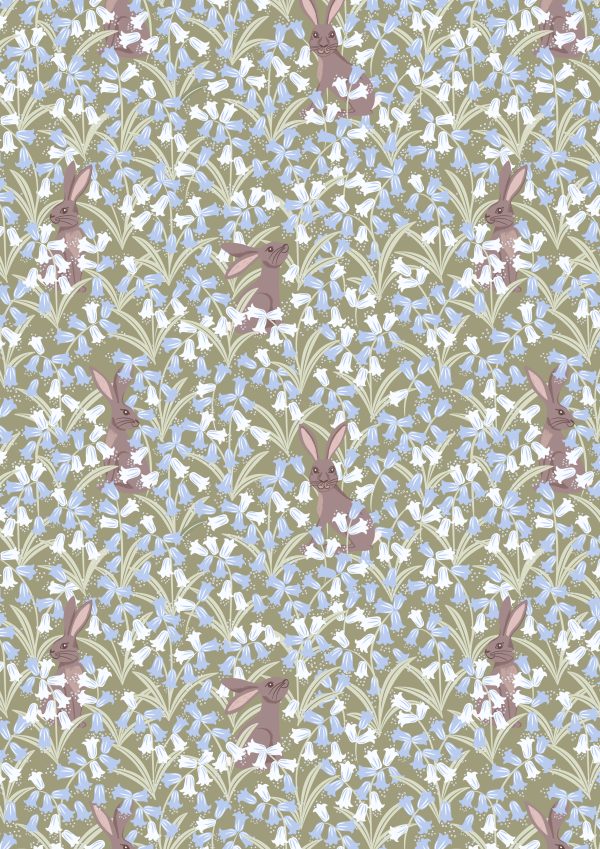 Lewis & Irene Fabrics Bluebell Wood Reloved Hares on Sage Green