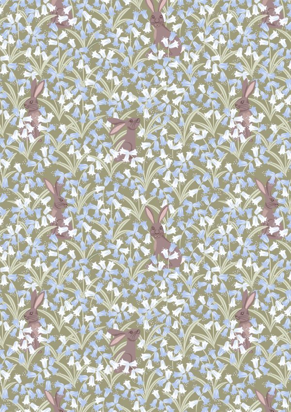 Lewis & Irene Fabrics Bluebell Wood Reloved Hares on Sage Green