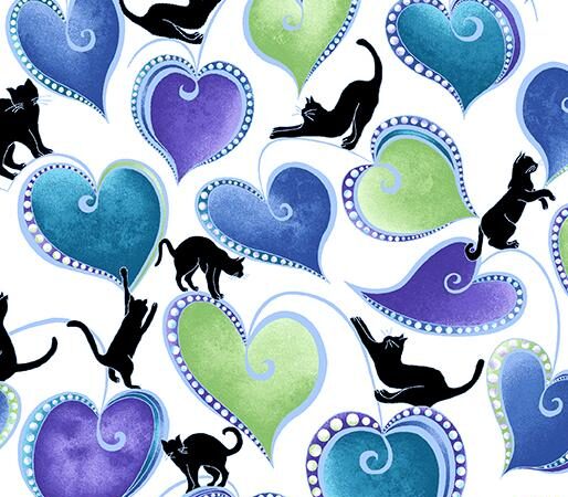 Benartex Cat-I-Tude Singing the Blues Hearts & Cats White