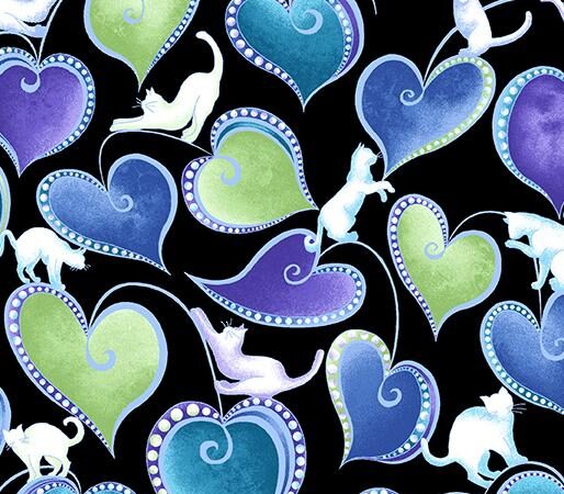 Benartex Cat-I-Tude Singing the Blues Hearts & Cats Black