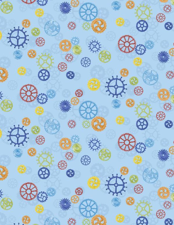 Wilmington Fabrics Alpha-Bots Gears on Sky Blue