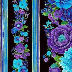 Timeless Treasures Floral Stripe in vibrant colours with Gold Metallic