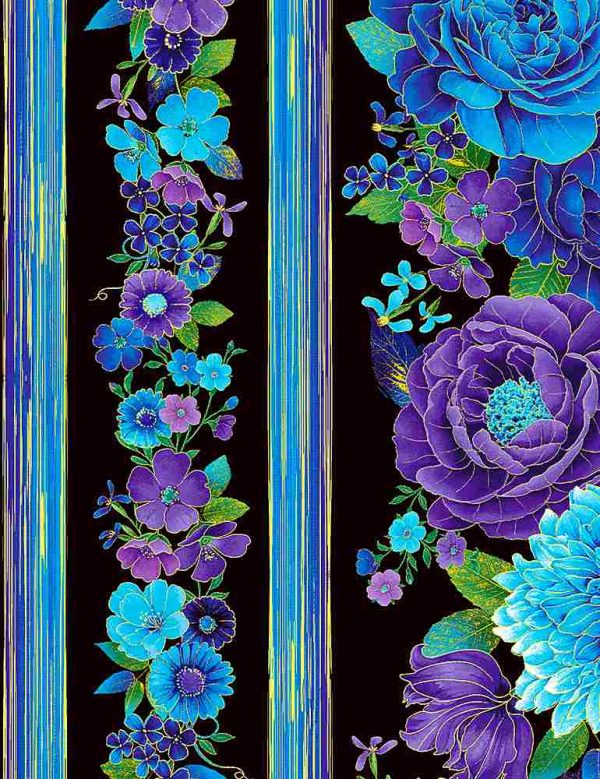 Timeless Treasures Floral Stripe in vibrant colours with Gold Metallic
