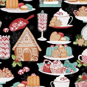 Wilmington Fabrics Peppermint Parlor Cookies and Cakes on Black