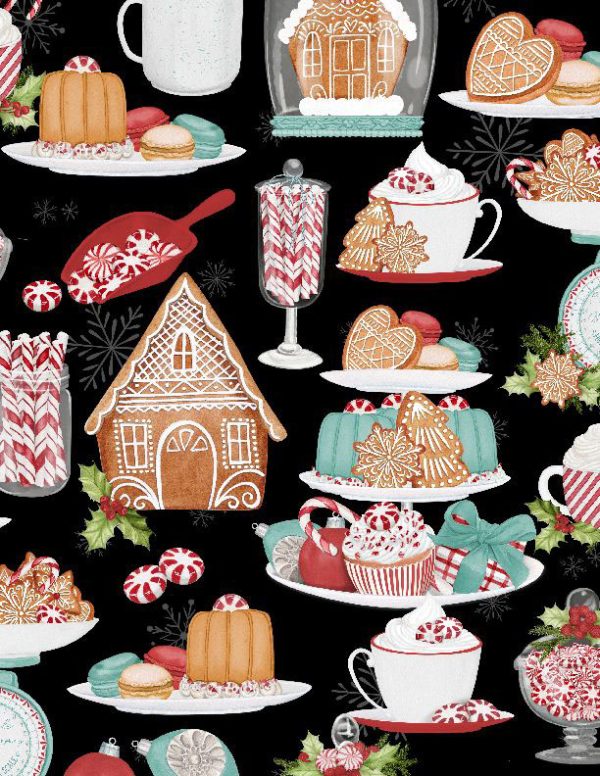 Wilmington Fabrics Peppermint Parlor Cookies and Cakes on Black